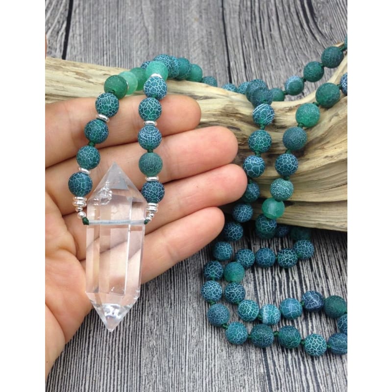 Clear Quartz Double Point Green Dragon Agate Stone Mala Pendant Necklace