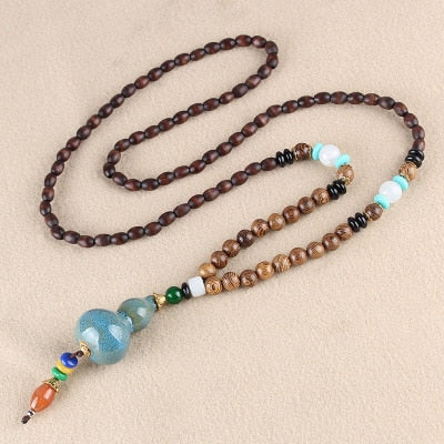 Buddhist Mala Wood Beaded Necklace